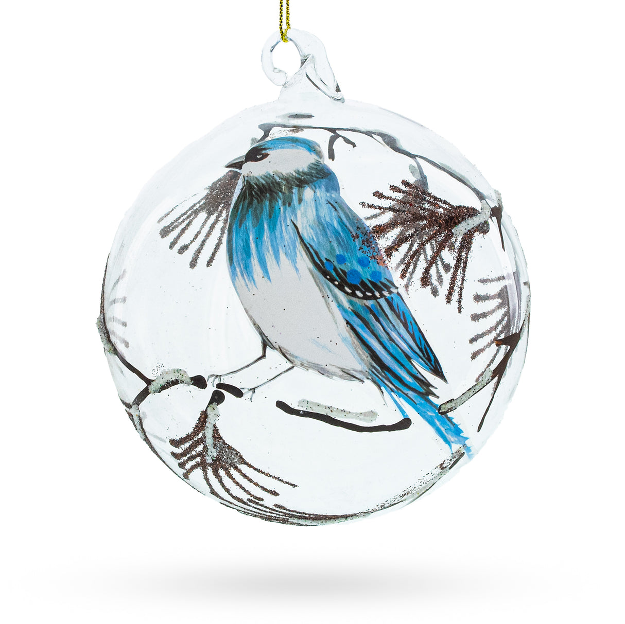 Blue Bird on Clear Glass Ball - Serene Blown Glass Christmas Ornament in Clear color, Round shape