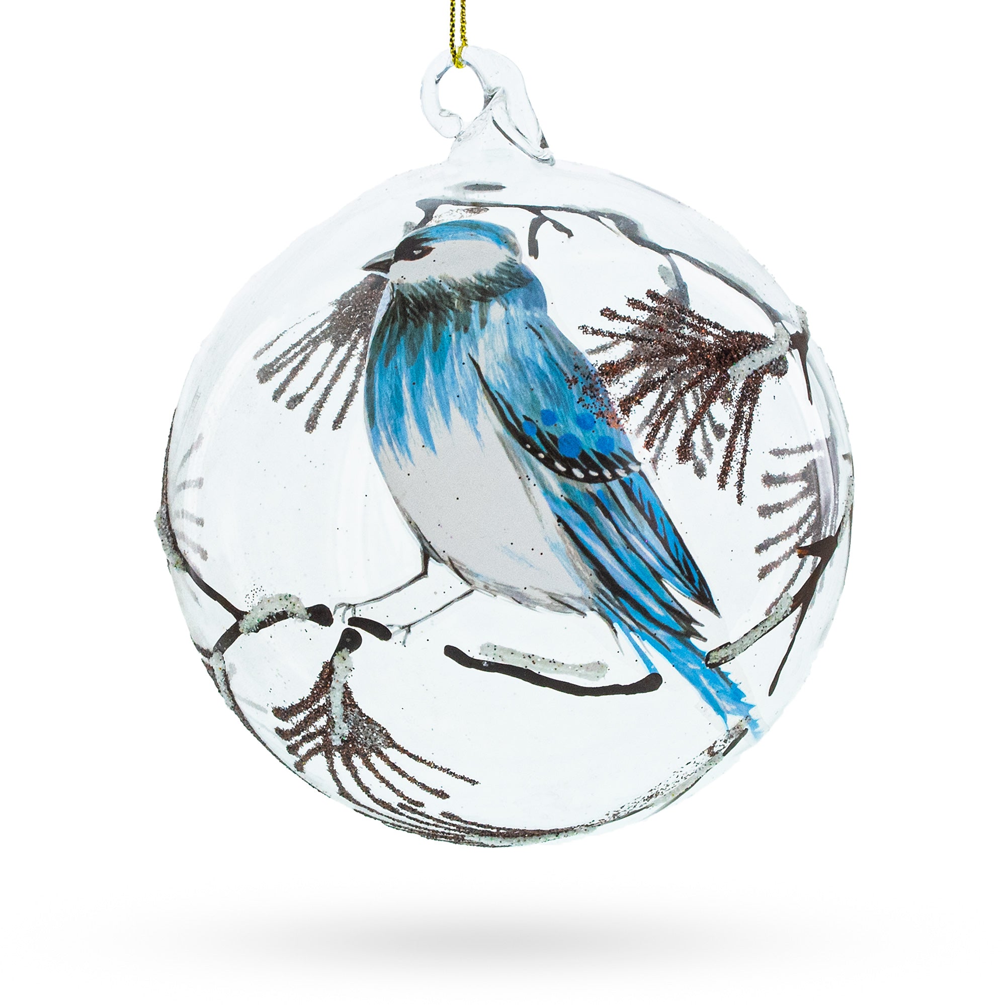 Bluebird In Frosted Forest Scene Glass Ball Christmas Ornament in Clear color Round