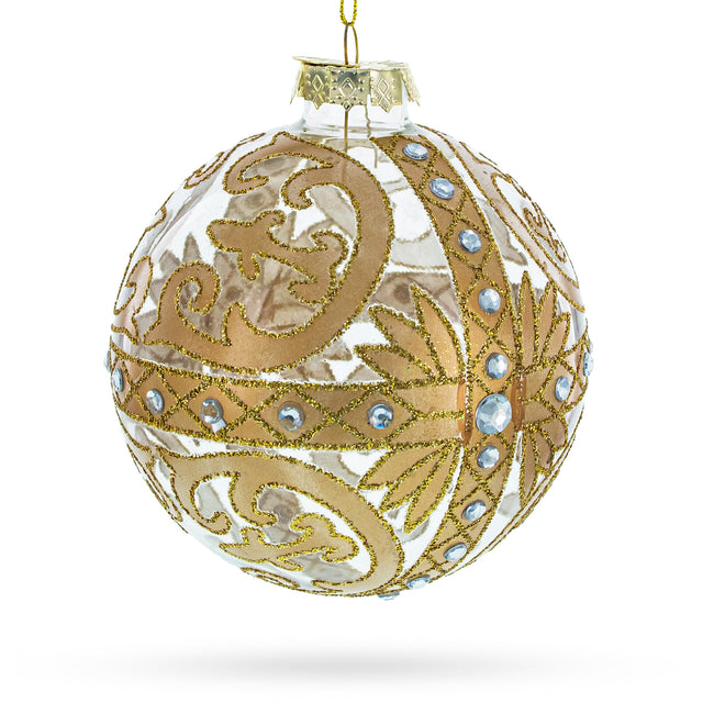 Gold Scroll with Jewel Accents - Opulent Blown Glass Ball Christmas Ornament in Gold color, Round shape