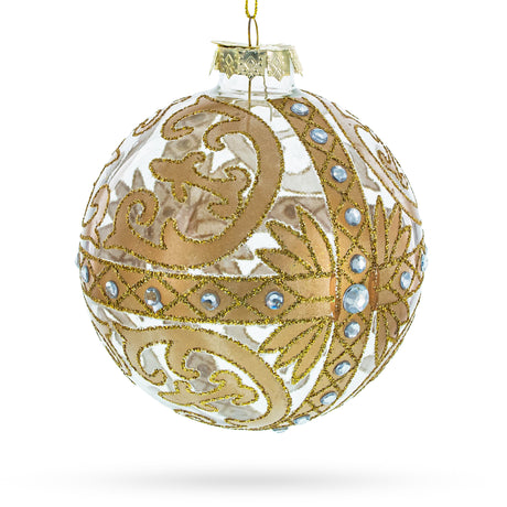 Gold Scroll with Jewel Accents Glass Ball Christmas Ornament in Gold color Round