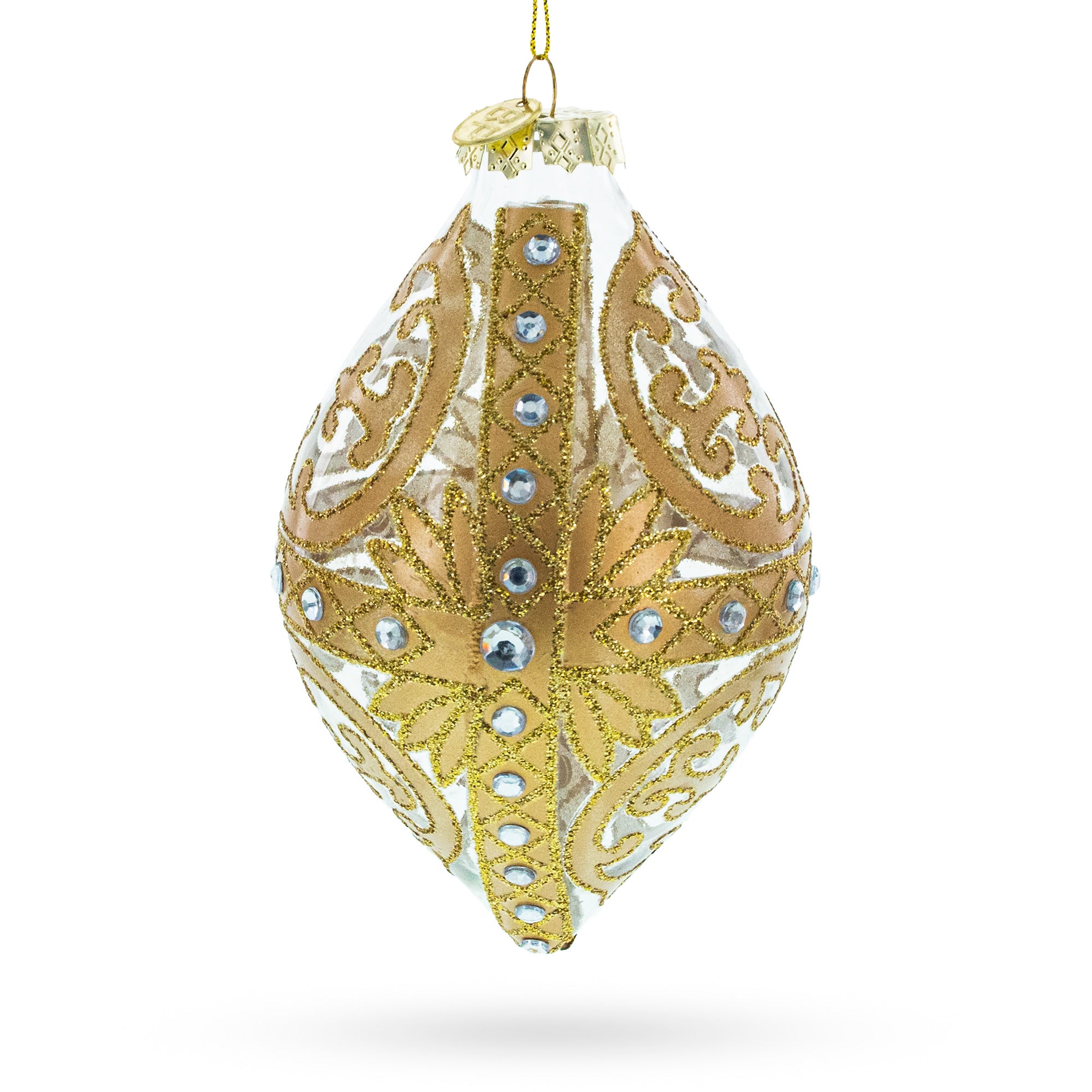 Gold Scroll with Jewel Accents Elegant Rhombus Finial Glass Christmas Ornament in Gold color Finial
