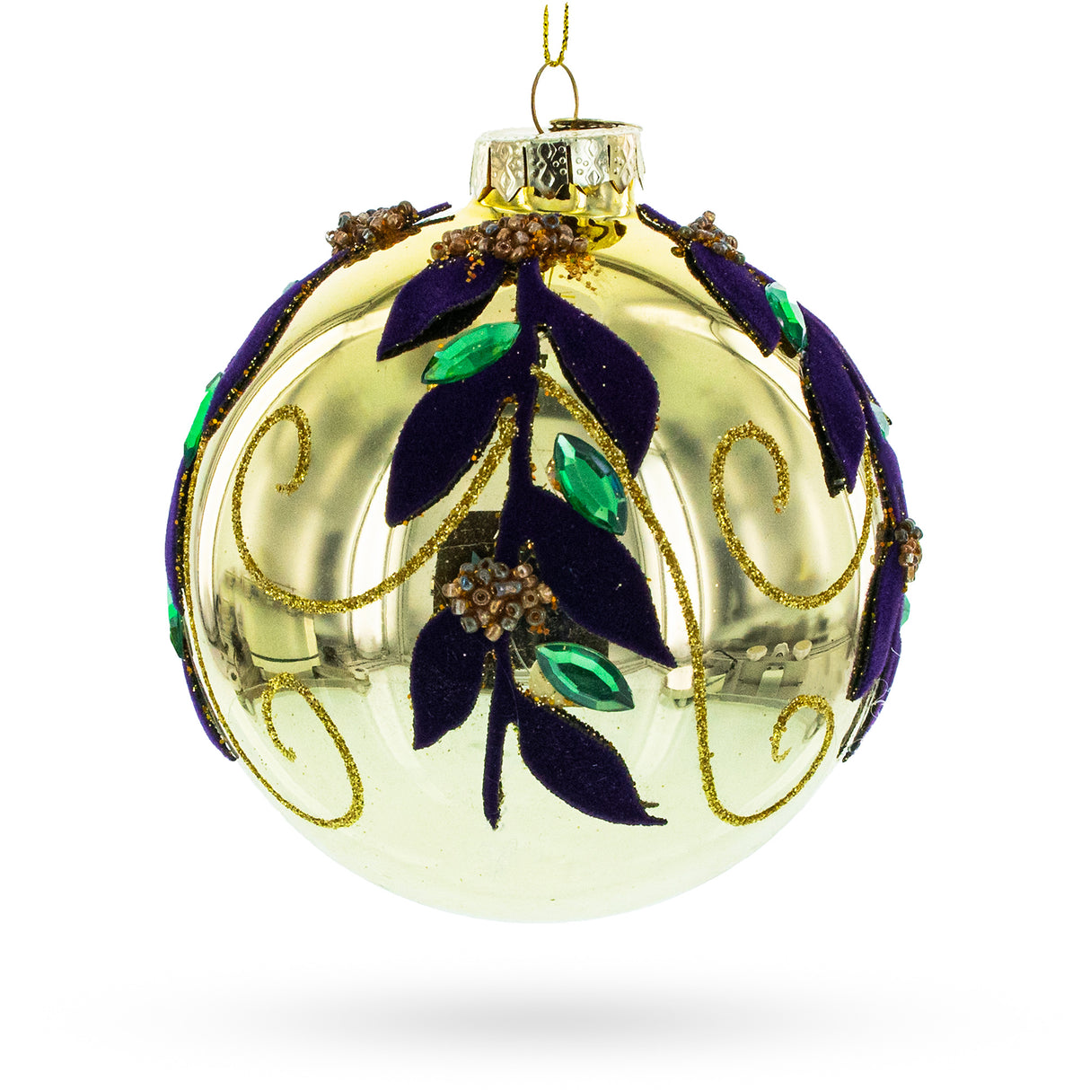 Jeweled Golden Ball - Opulent Blown Glass Christmas Ornament in Gold color,  shape