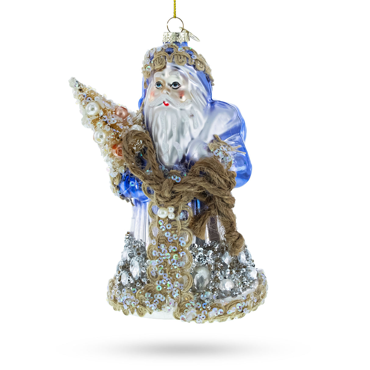 Did Moroz with Rope - Unique Blown Glass Christmas Ornament in Blue color,  shape
