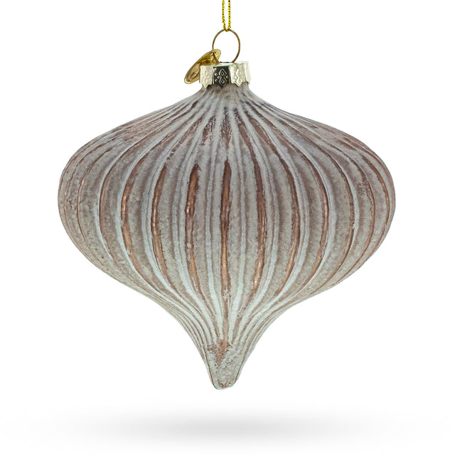 Ribbed Matte Onion - Sophisticated Blown Glass Christmas Ornament in Beige color,  shape