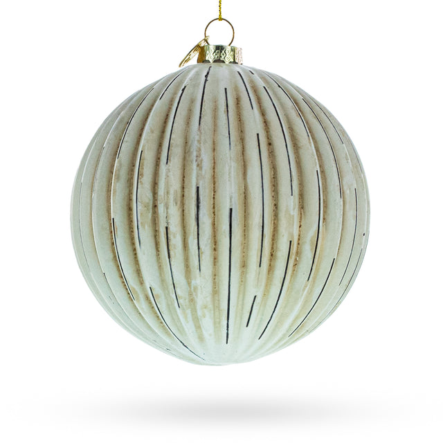 Antique-Style Ribbed Blown Glass Ball Christmas Ornament in Beige color