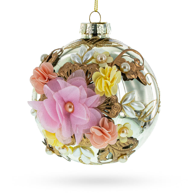 Fabric Flowers on Glass Ball - Artistic Blown Glass Christmas Ornaments Ornament in Silver color,  shape