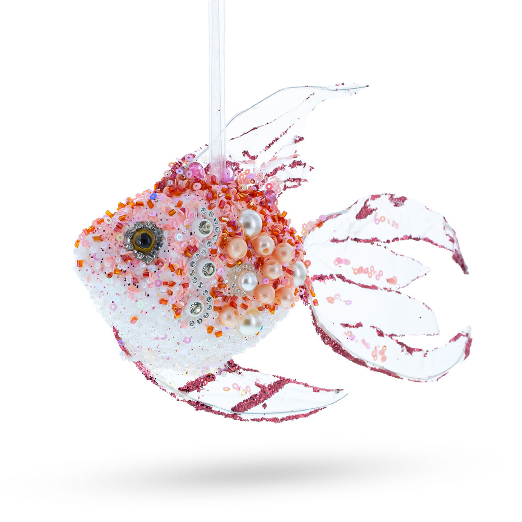 Beaded Blue Coral Reef Fish Glass Christmas Ornament in Red color Figurine