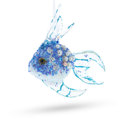 Beaded Blue Coral Reef Fish - Exquisite Blown Glass Christmas Ornament in Blue color,  shape
