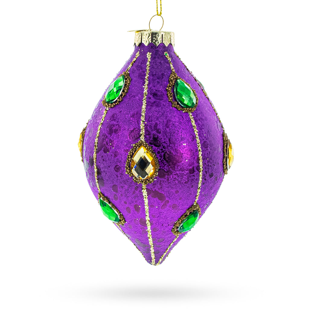Jeweled-Accent Purple Rhombus Finial Glass Christmas Ornament in Purple color Finial