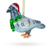 Festive Santa Hat-Wearing Pigeon - Blown Glass Christmas Ornament in Gray color,  shape