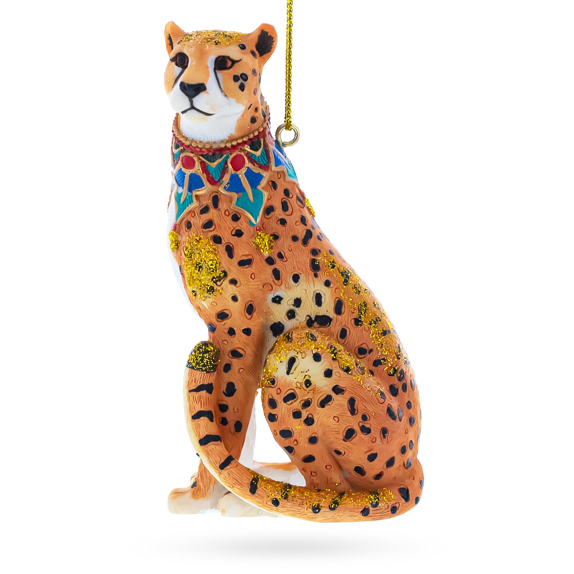Regal Cheetah Glass Christmas Ornament in Gold color Figurine