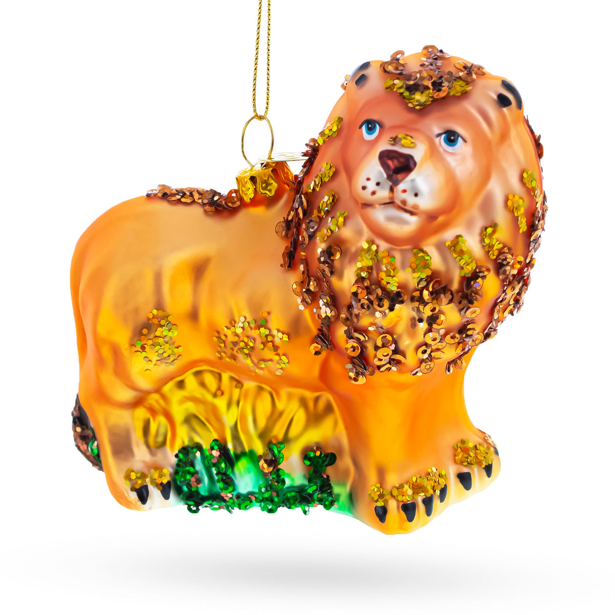 Lion on the Grass - Blown Glass Christmas Ornament in Gold color,  shape