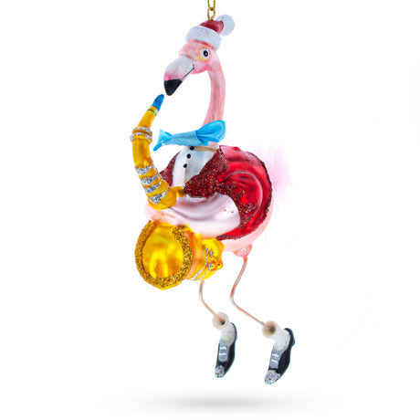 Jazz in the Tropics: Flamingo Playing Saxophone- Blown Glass Christmas Ornament in Multi color,  shape