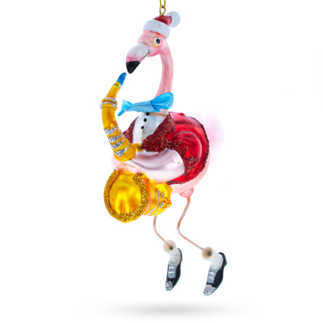 Flamingo Playing Saxophone Blown Glass Christmas Ornament in Multi color