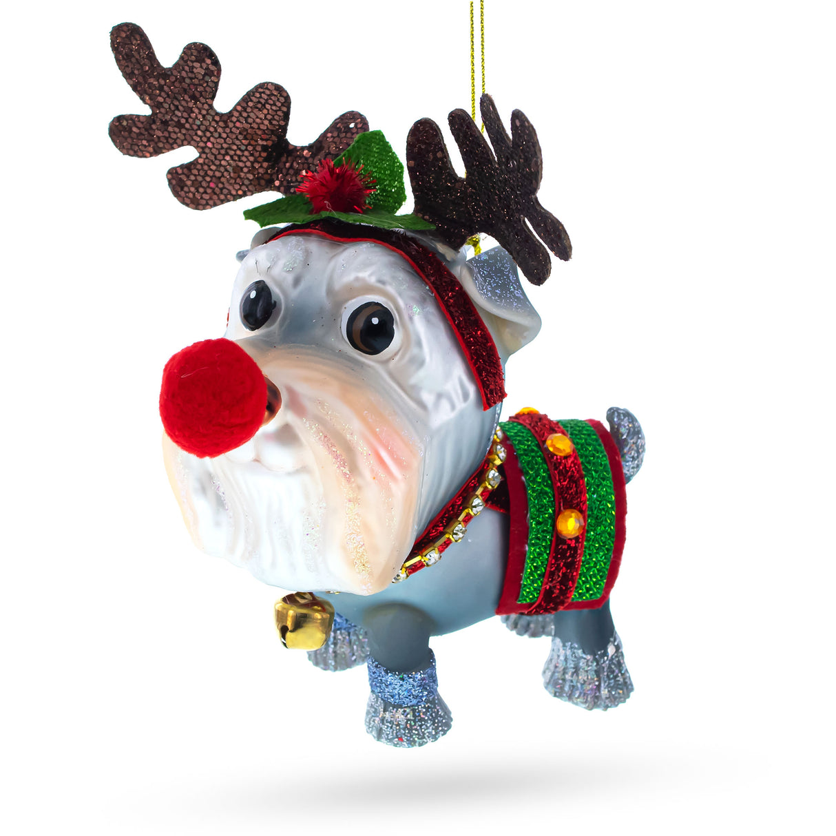 Schnauzer wearing Reindeer Costume - Blown Glass Christmas Ornament in Orange color,  shape
