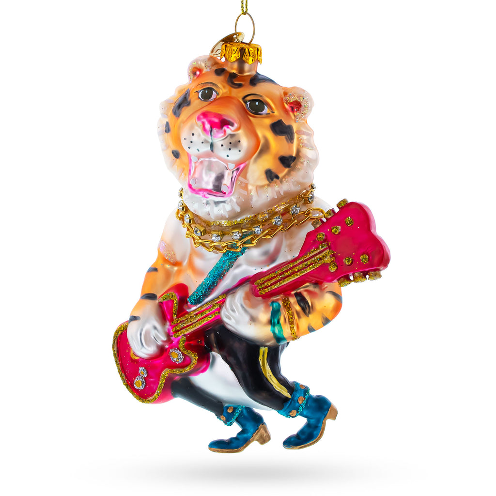 Glass Tiger Playing Bass Guitar - Blown Glass Christmas Ornament in Gold color