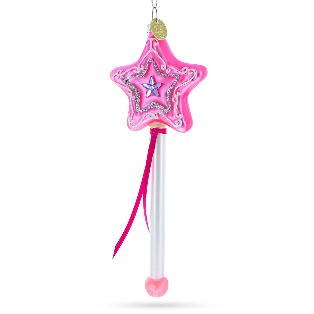Magical Pink Star Wand Glass Christmas Ornament in Pink color Figurine