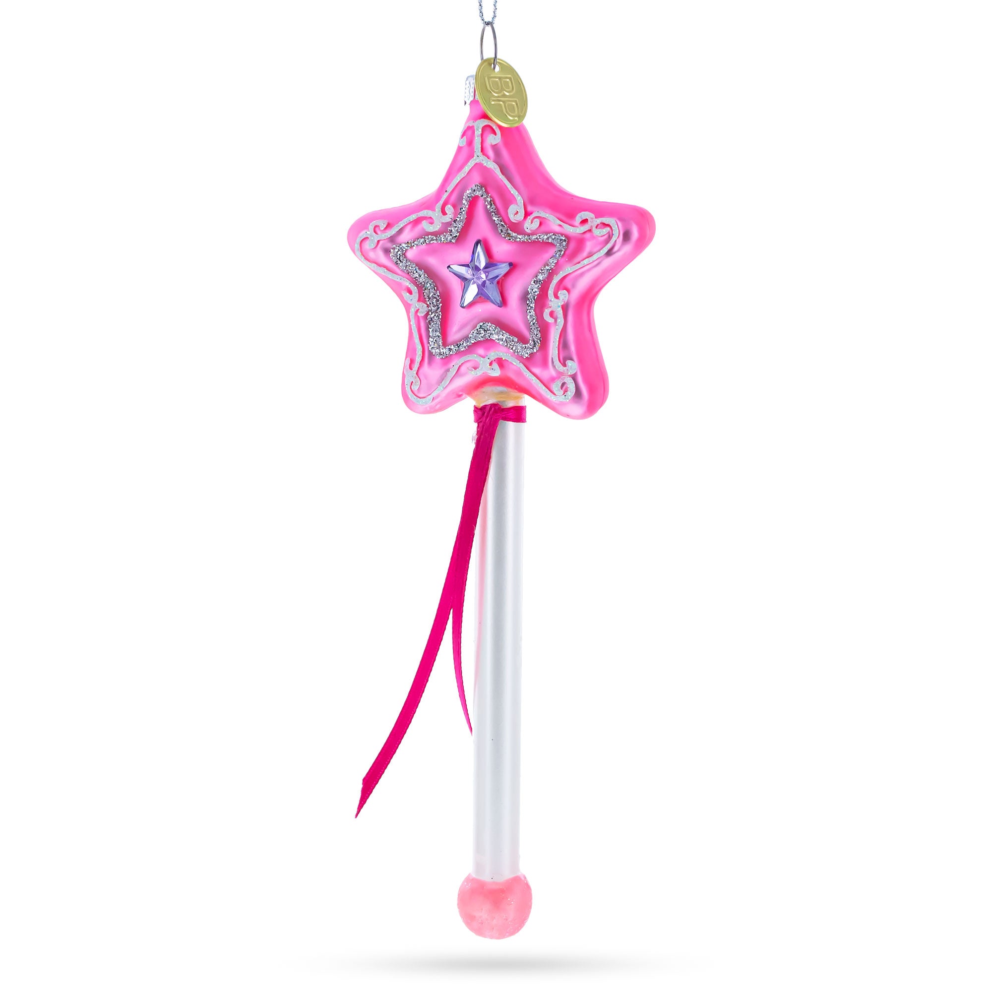 Magical Pink Star Wand Glass Christmas Ornament in Pink color Figurine