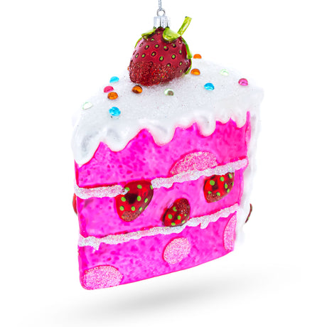 Piece of Strawberry Cake Blown Glass Christmas Ornament in Pink color
