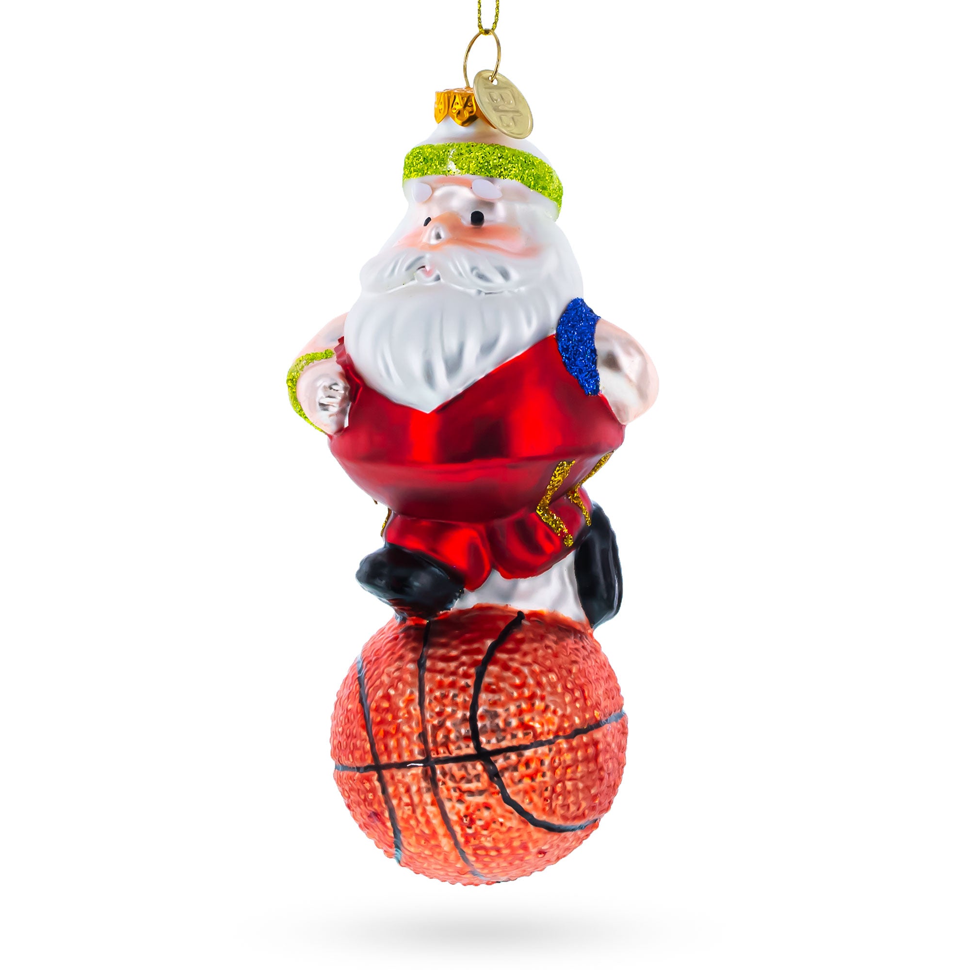 Santa the Basketball Player Glass Christmas Ornament in Red color Figurine