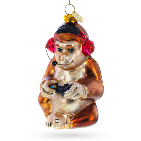 Monkey Video Gamer - Blown Glass Christmas Ornament in Gold color,  shape