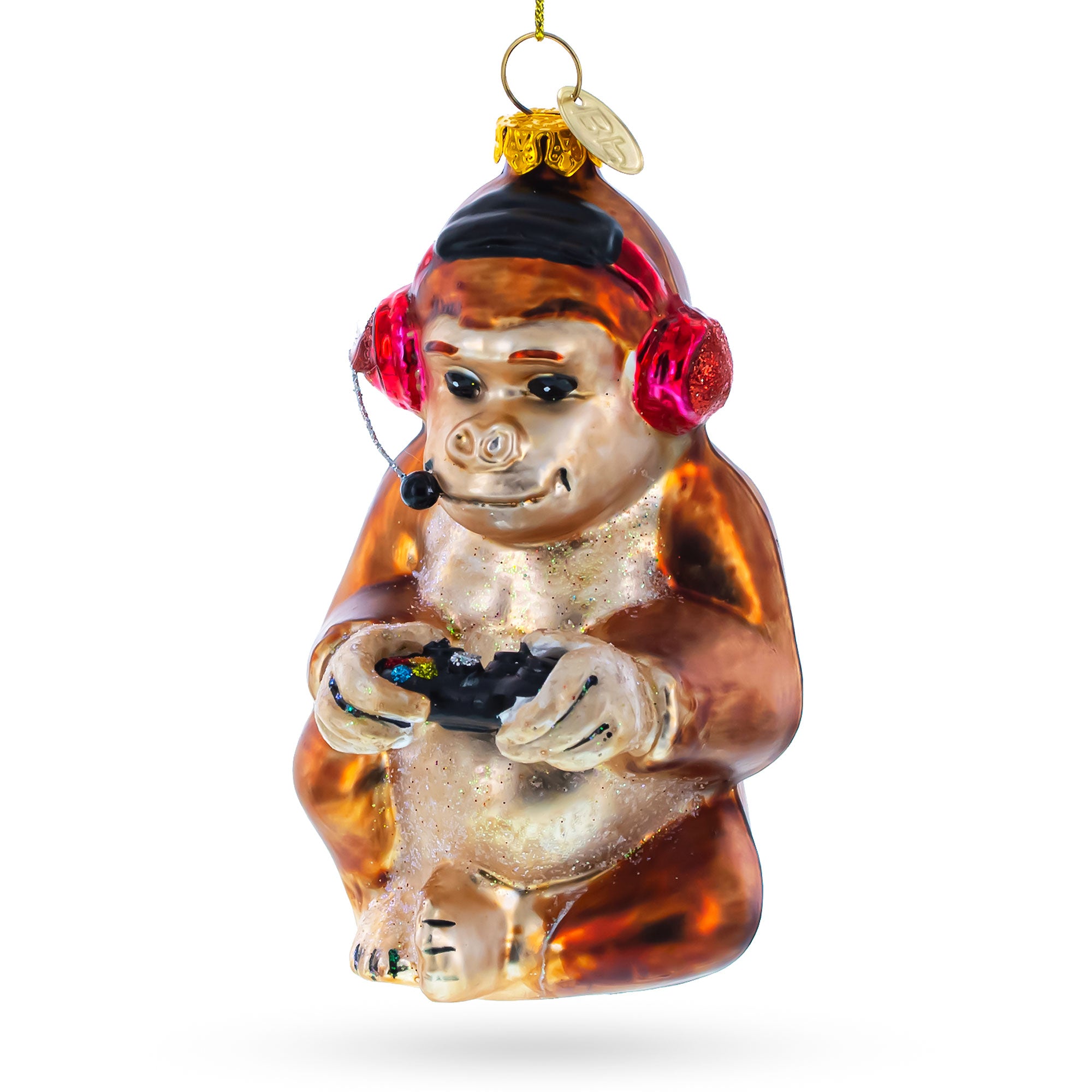Monkey Video Gamer Glass Christmas Ornament in Gold color Figurine