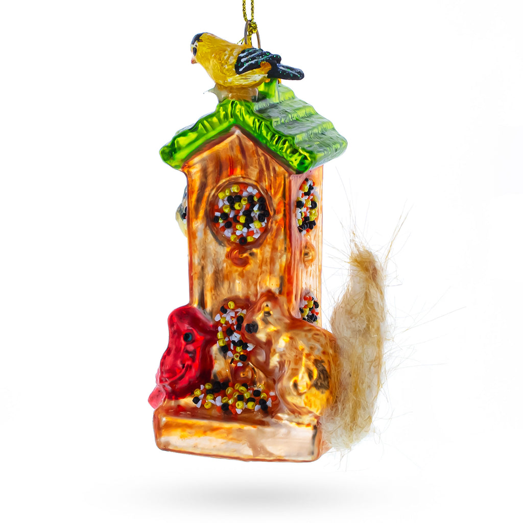 Glass Birds and Squirrel at Birdfeeder - Blown Glass Christmas Ornament in Multi color