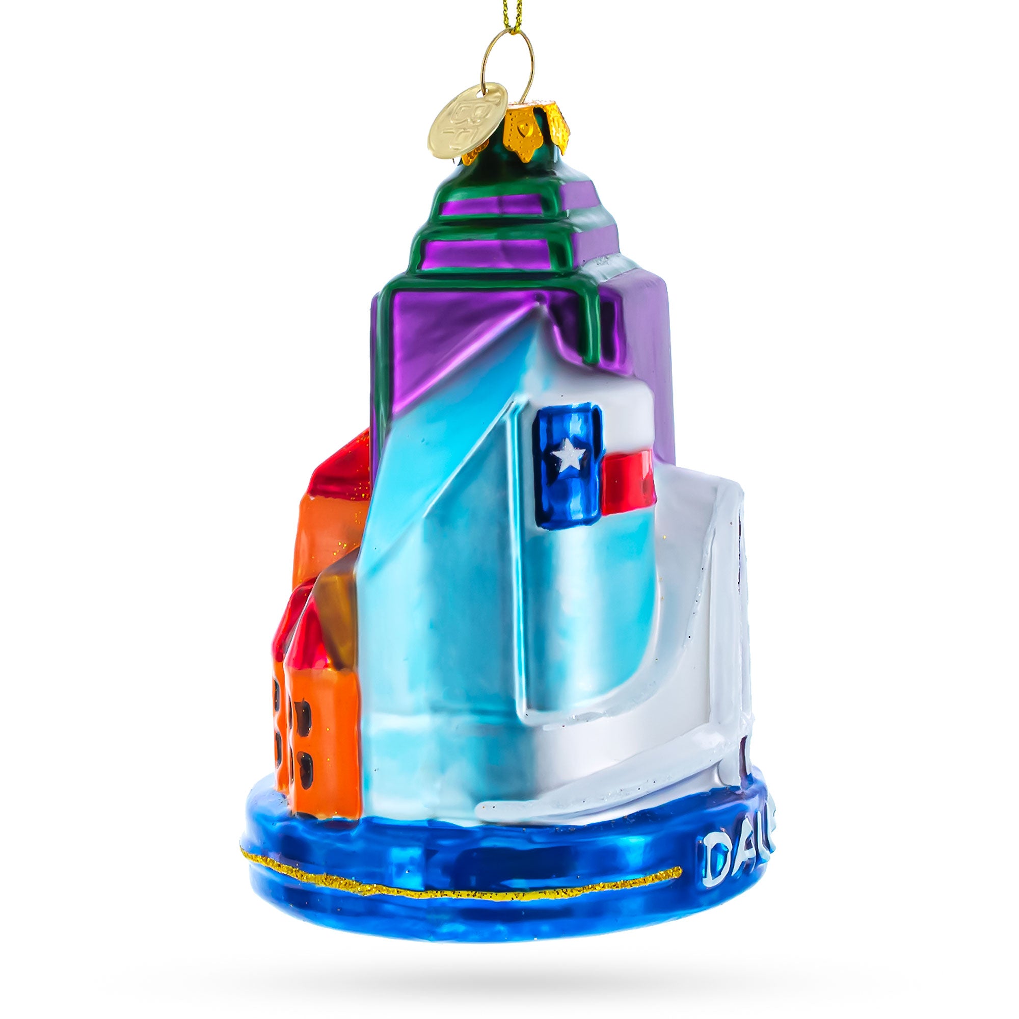 Landmarks of Dallas, Texas Glass Christmas OrnamentChina , dimensions in inches: 5 x 3 x 3