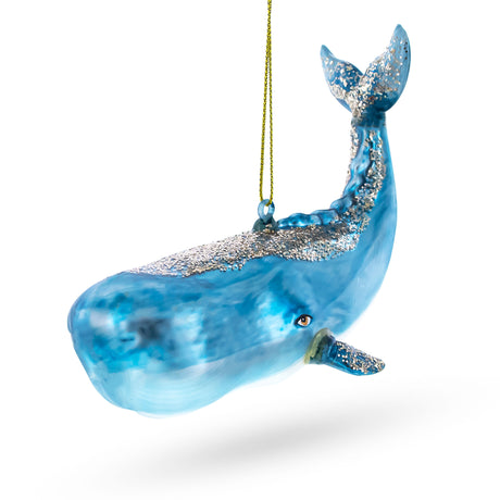 Glittered Whale Blown Glass Christmas Ornament in Blue color
