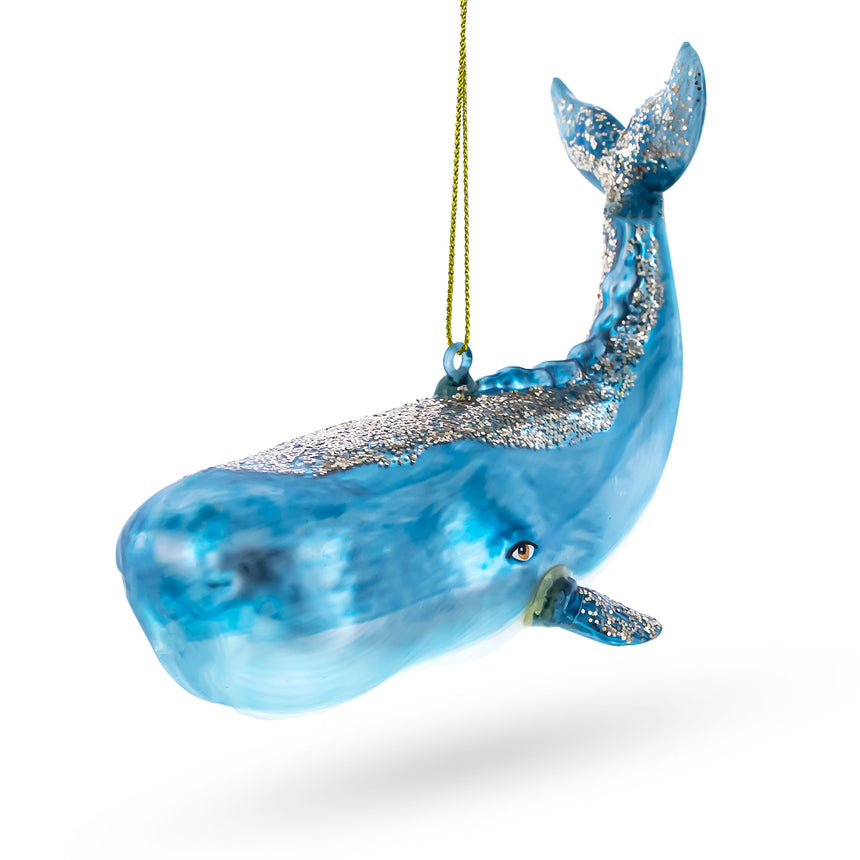Glittered Whale Blown Glass Christmas Ornament in Blue color