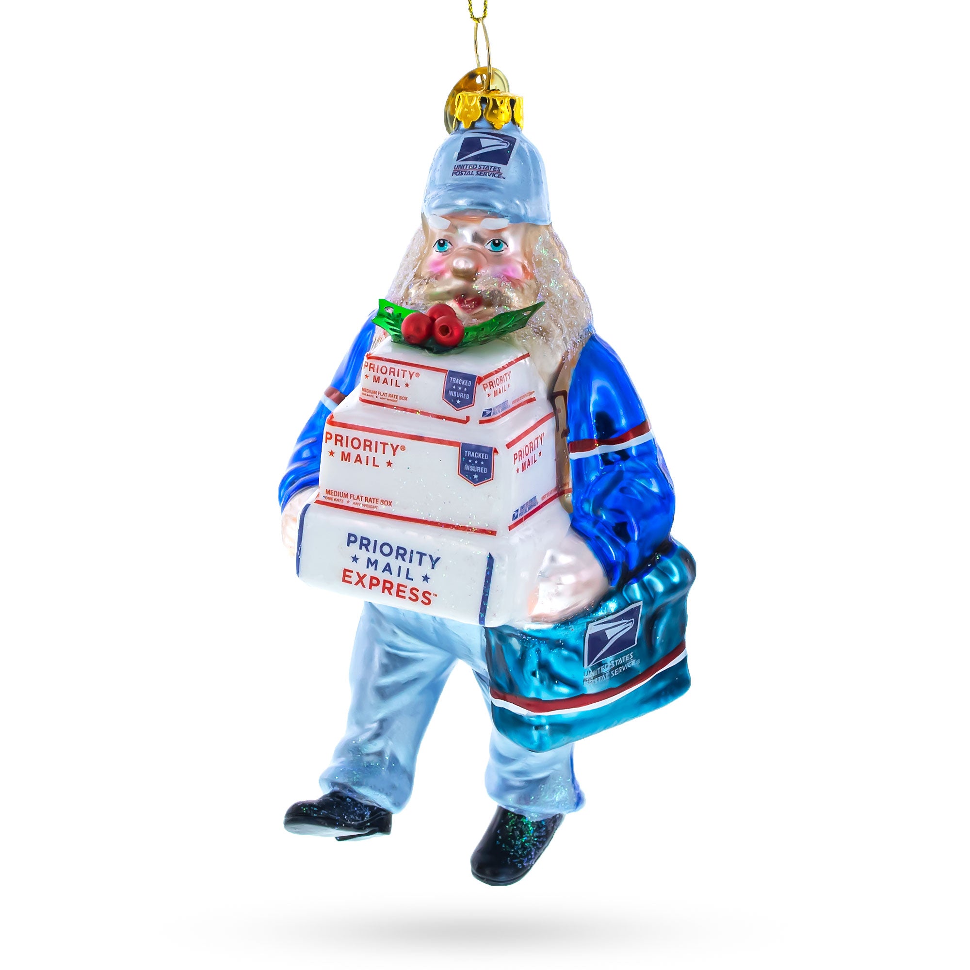 Mailman Delivering Priority Mail Glass Christmas Ornament in Blue color Figurine