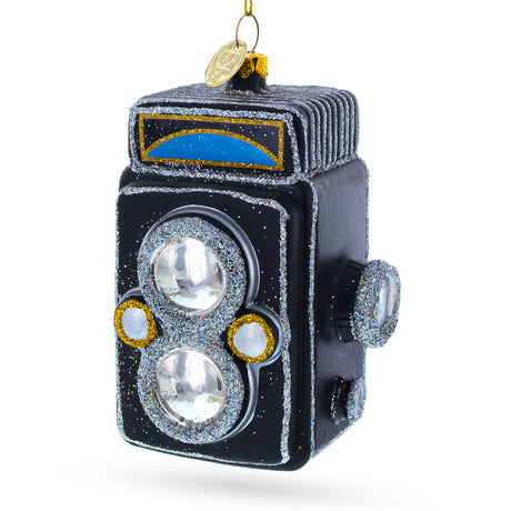 Vintage-Inspired Camera Blown Glass Christmas Ornament in Black color,  shape