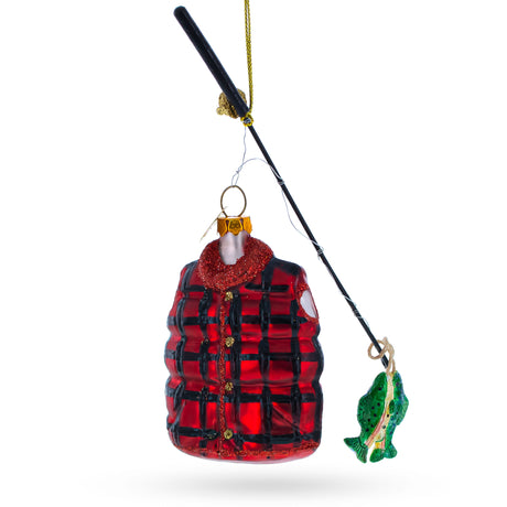 Fisherman Jacket and Rod Blown Glass Christmas Ornament in Multi color,  shape