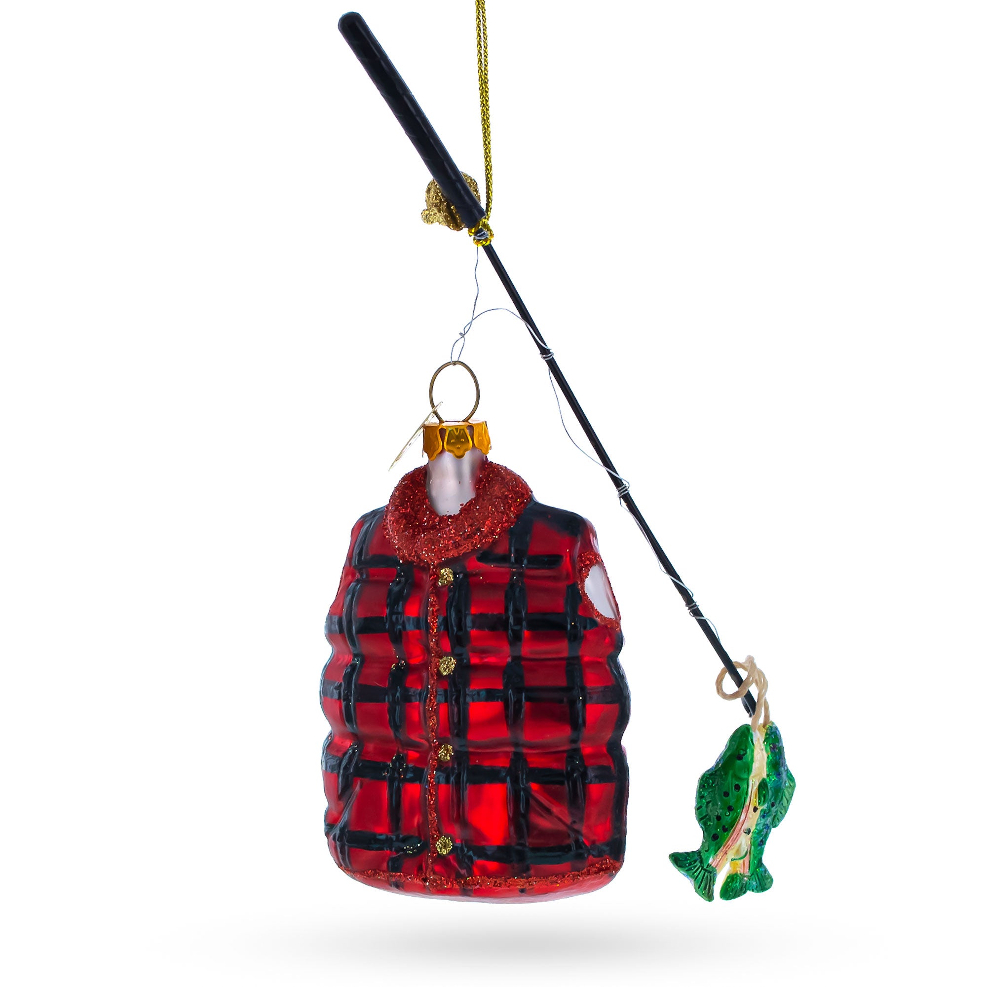 Fisherman Jacket and Rod Glass Christmas Ornament in Red color Figurine
