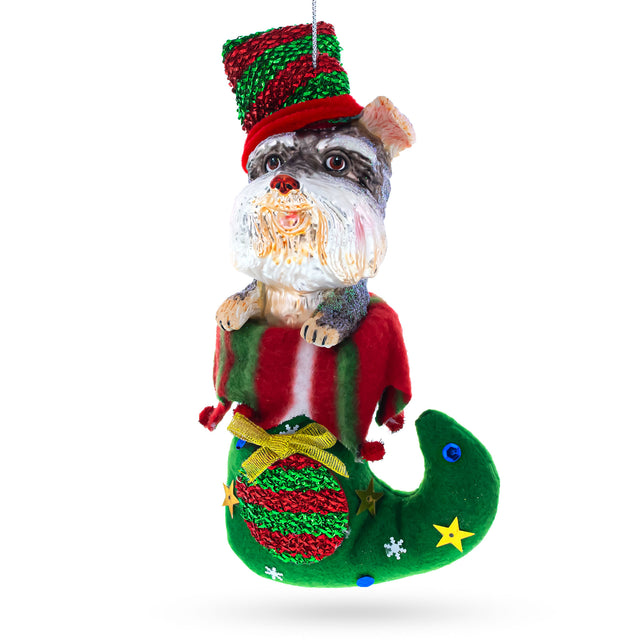 Glass Puppy in Stocking Blown Glass Christmas Ornament in Multi color