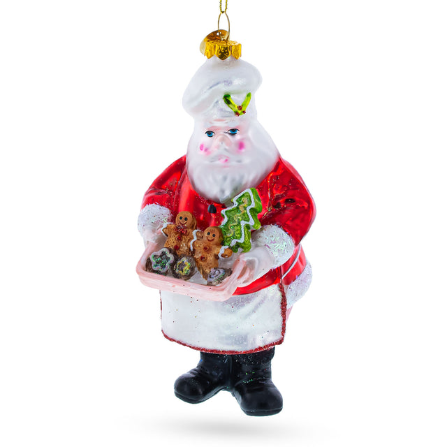 Santa Baking Gingerbread Cookies Blown Glass Christmas Ornament in Red color,  shape