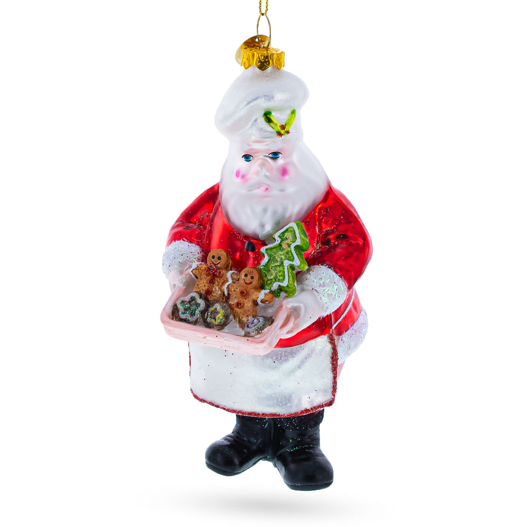 Santa Baking Gingerbread Cookies Glass Christmas Ornament in Red color Figurine