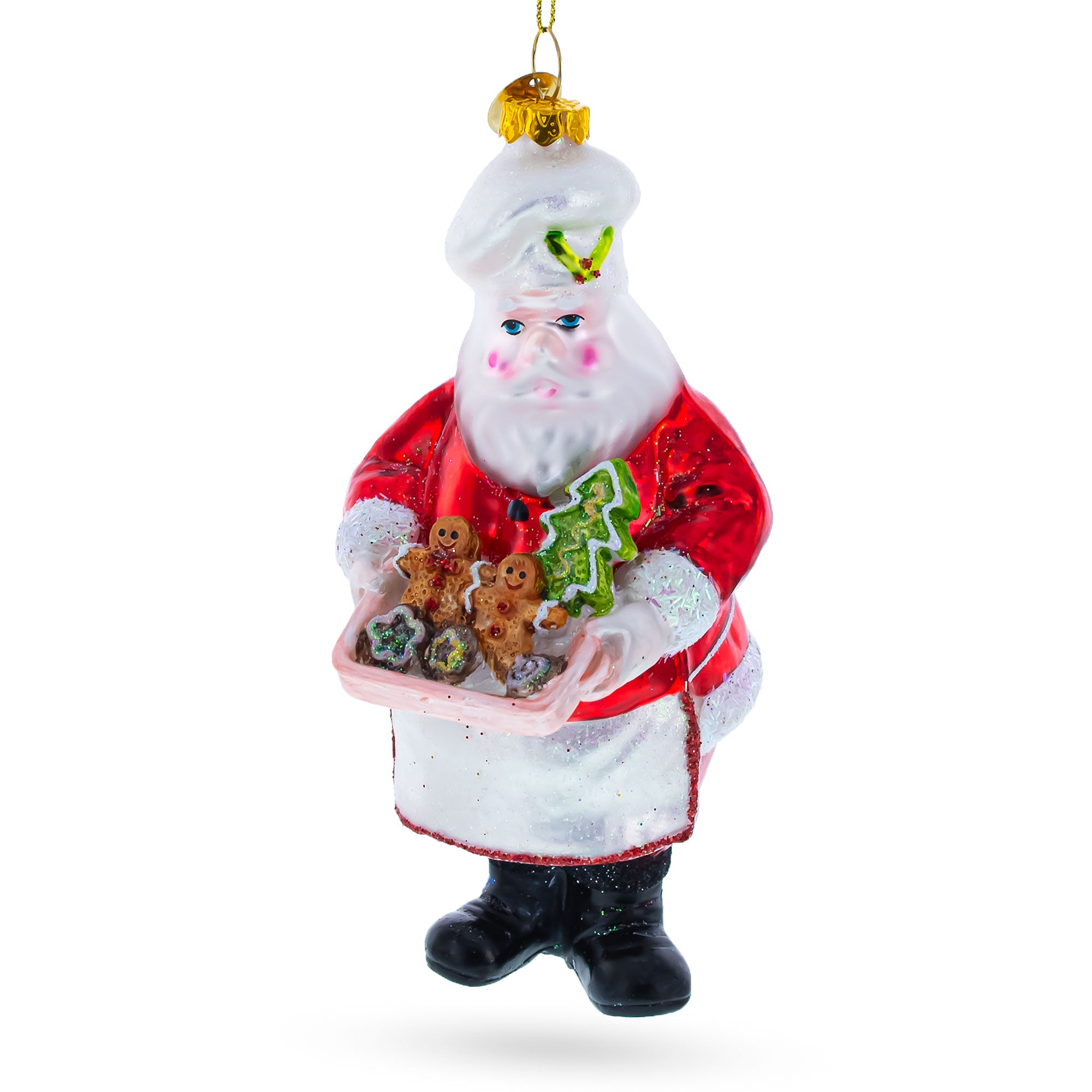 Santa Baking Gingerbread Cookies Glass Christmas Ornament in Red color Figurine