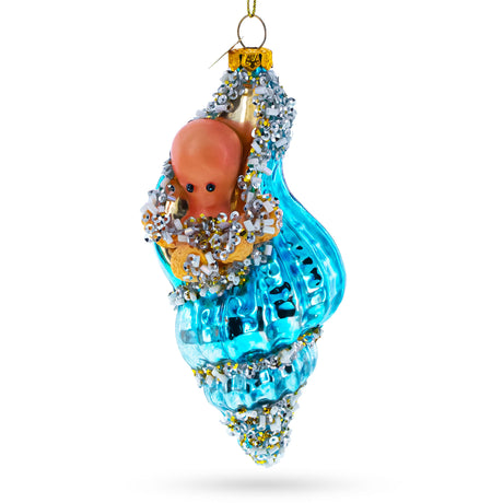 Octopus in Seashell Blown Glass Christmas Ornament in Blue color