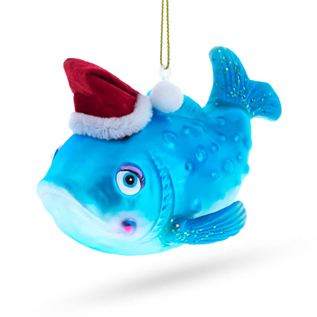 Fish in the Santa Hat Blown Glass Christmas Ornament in Blue color