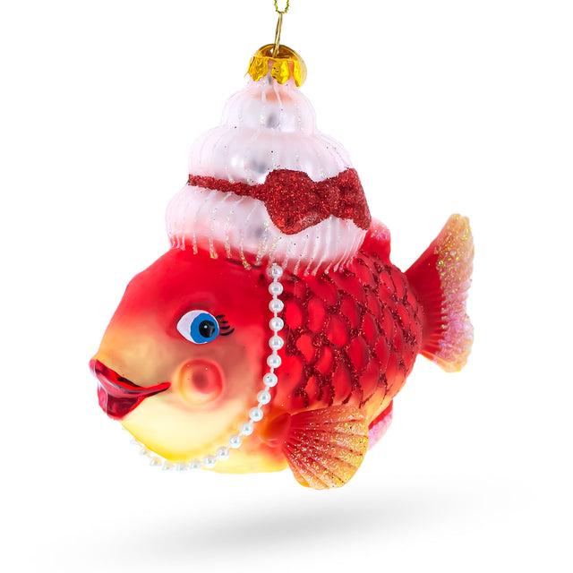 Grandma Fish in Santa Hat Blown Glass Christmas Ornament in Red color,  shape