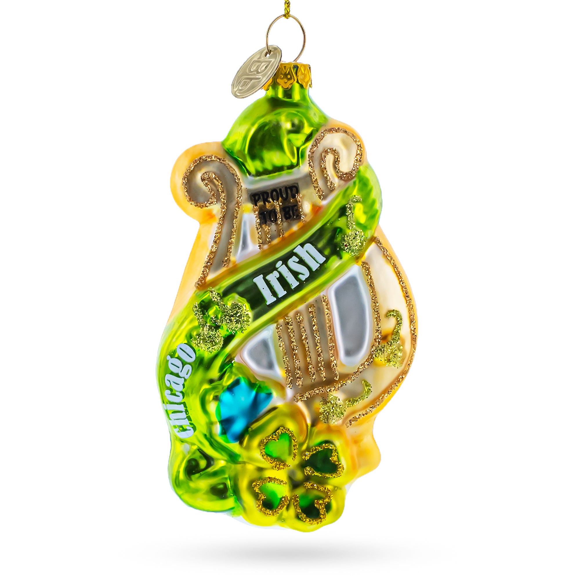 Irish Harp Blown Glass Christmas Ornament in Green color Figurine