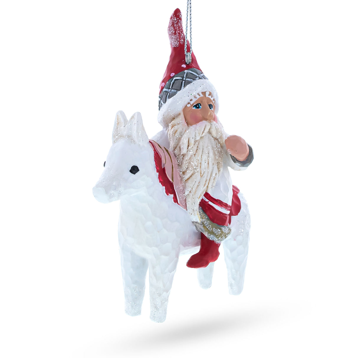 Santa Riding Horse Blown Glass Christmas Ornament in White color,  shape