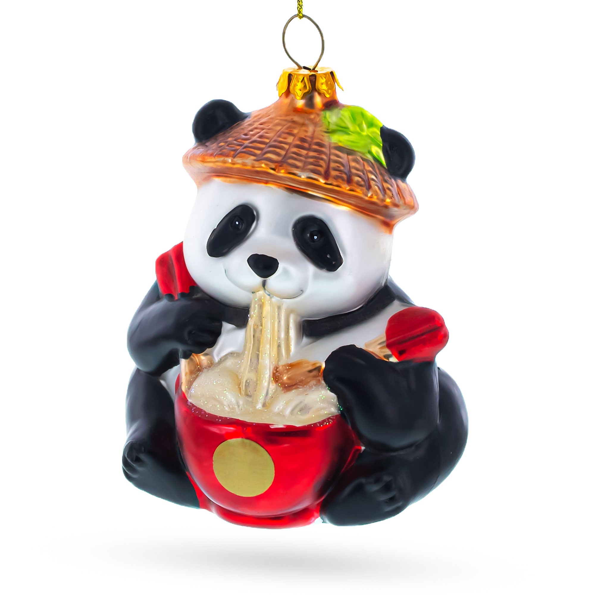 Panda Eating Ramen Glass Christmas Ornament in Multi color Figurine