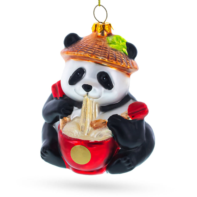 Panda Eating Ramen Blown Glass Christmas Ornament in Multi color