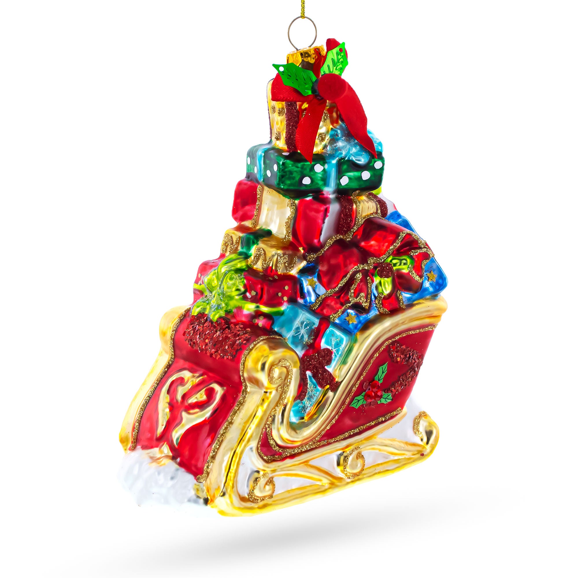 Sleigh Full of Gifts Glass Christmas Ornament in Red color Figurine