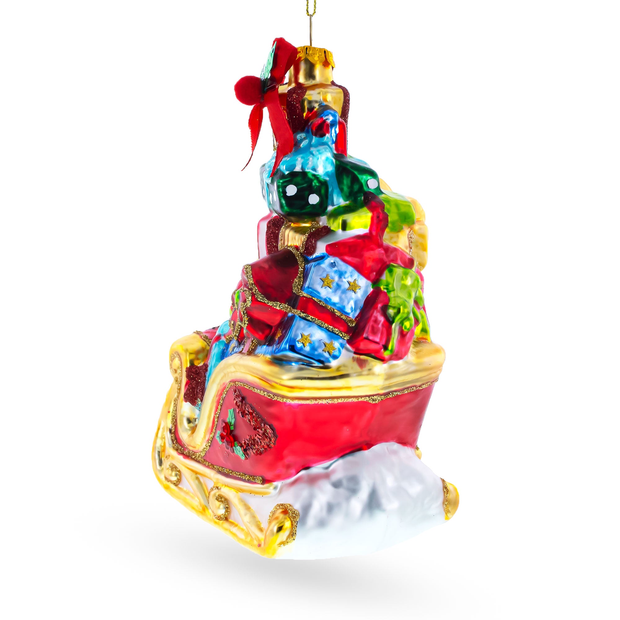Sleigh Full of Gifts Glass Christmas OrnamentChina , dimensions in inches: 6.5 x 4.6 x 2.7