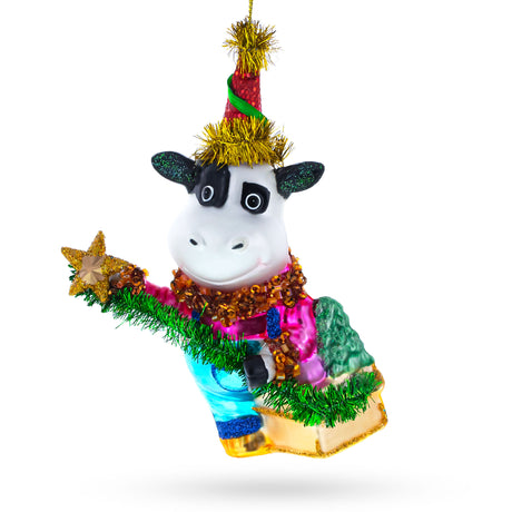 Cow Riding a Star Blown Glass Christmas Ornament in Multi color,  shape
