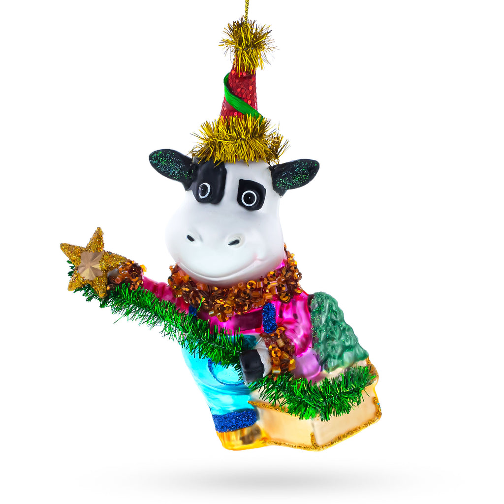 Cow Riding a Star Glass Christmas Ornament in Multi color Figurine