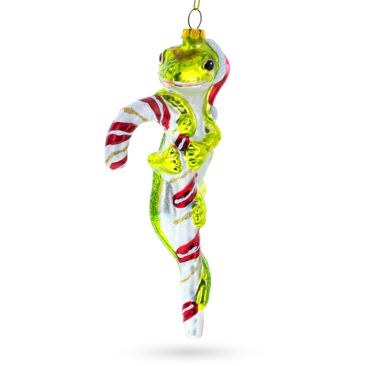 Gecko with Candy Cane Blown Glass Christmas Ornament in Multi color,  shape